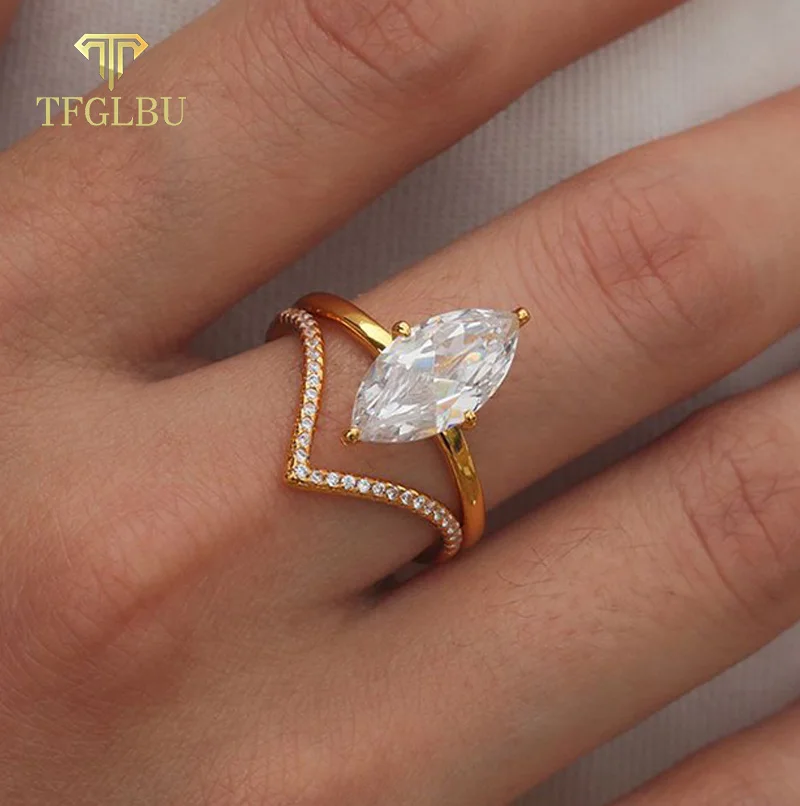 

TFGLBU D Color 3CT Набор колец с муассанитом огранки маркизы для женщин, однотонный S925, посеребренный, 18 карат, ювелирные изделия для свадебной вечеринки, оптовая продажа
