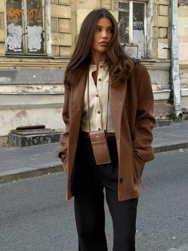 

Women's Lapel Short Suede Jacket 2025 Autumn Casual Pocket Single Breaste Coat Lady Autumn Daily Commuting High Street Outerwear