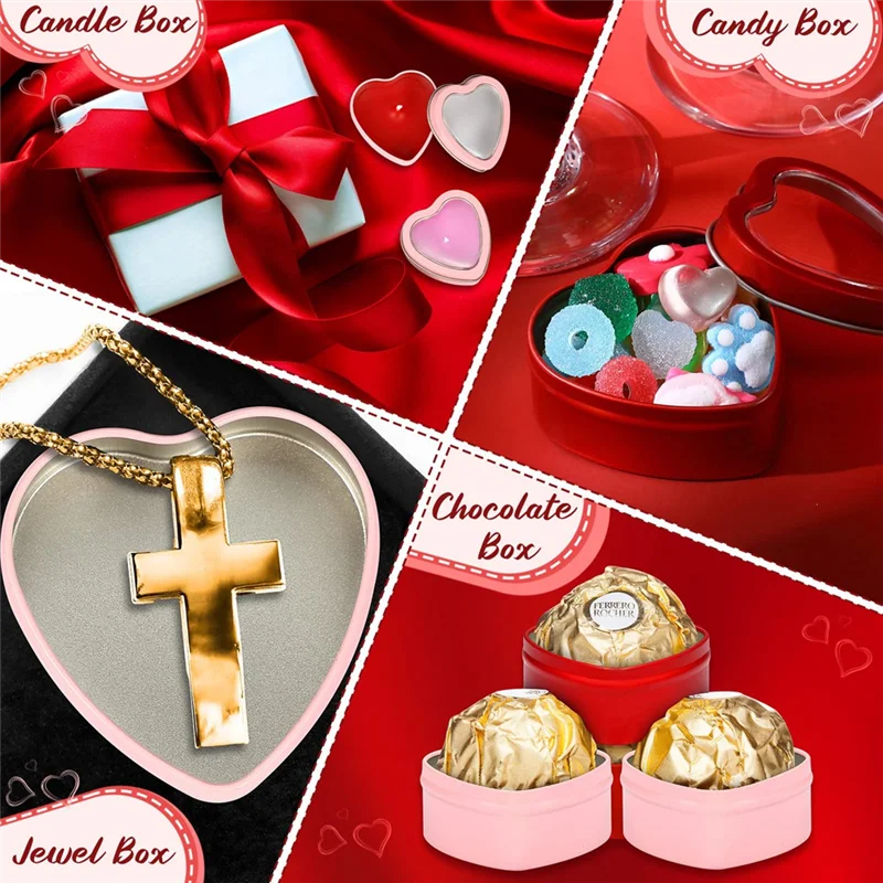 16 قطعة علب معدنية على شكل قلب مع غطاء علب صفيح معدنية علب شمعة فارغة علب هدايا عيد الحب الأحمر والوردي الساخن