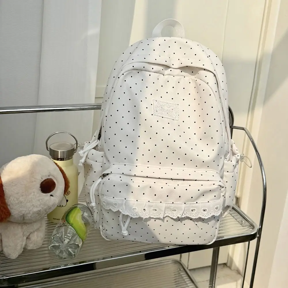 Modischer Süßer Polka-Dot-Rucksack mit Minimalistischem Schleifendesign und Spitzenbesatz, Leichter, Strapazierfähiger Schulrucksack für Schüler und Pendler – Detail 10