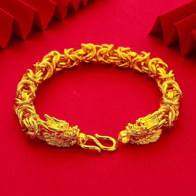 9999 24K real gold hollow M-button men's bracelet cylindrical dragon head gold bracelet men's gold jewelry bracelet