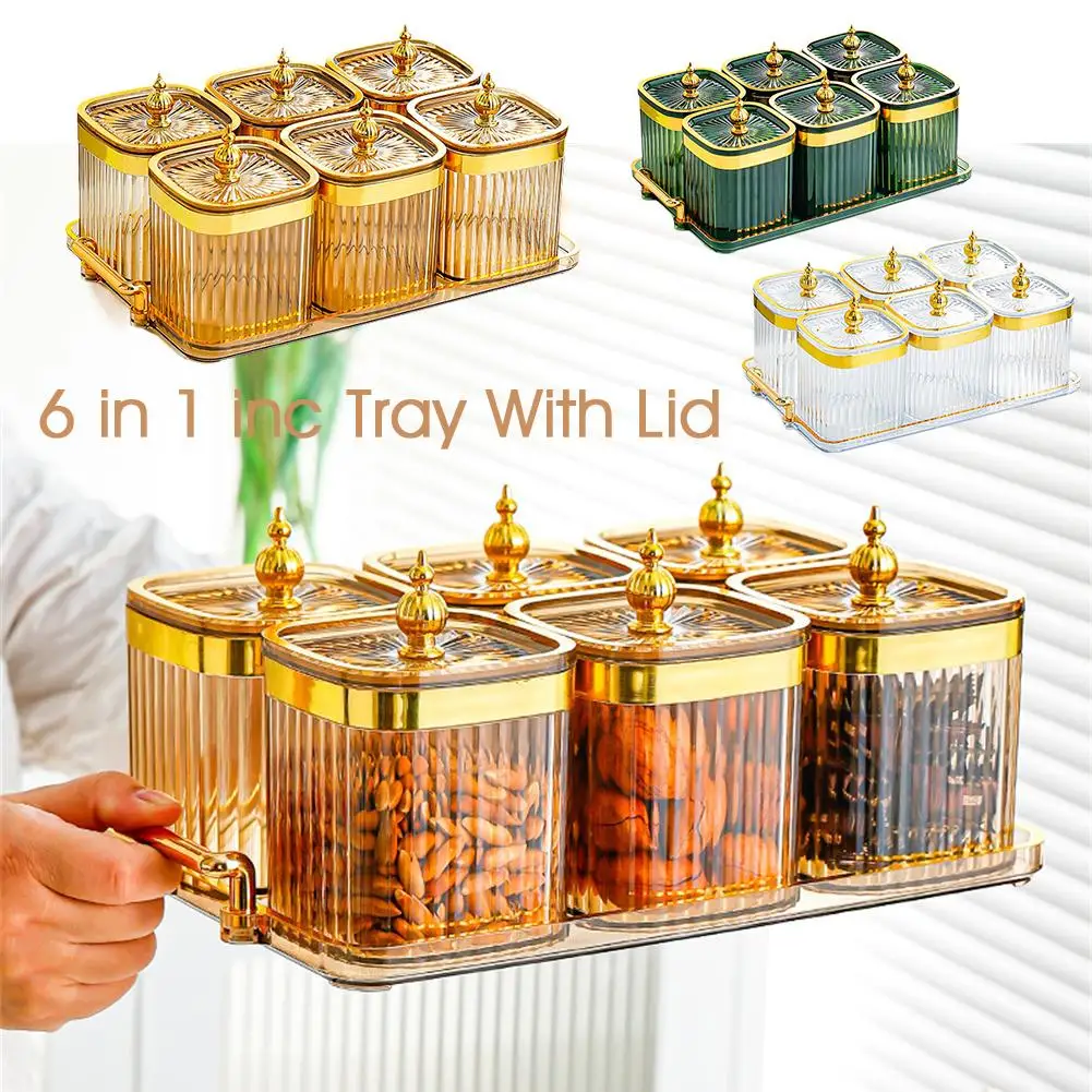 

6 In 1 Storage Jar Tray With Lid Gold Luxury Household Combination Salt Box Jar Kitchen Seasoning Bottle Supplies B4R5