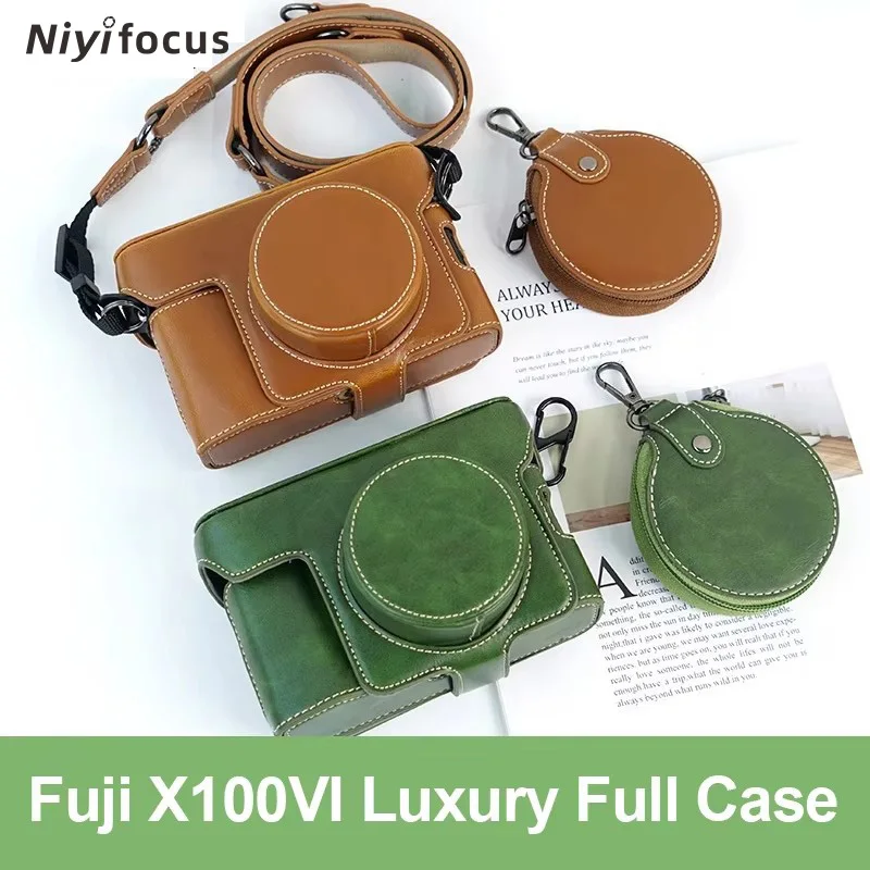 PU-Leder Kameratasche Set für Fujifilm X100VI Vollschutz-Halbkörperabdeckung mit Basisgehäuse Schultergurt Kleine Tasche Vintage