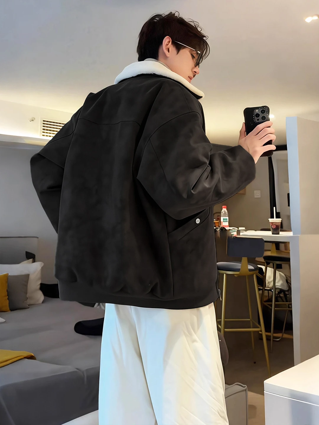 

Bla Lamb Velvet Collar Cotton Jaet Men's Winter Thiened ort Sle American Dyed PU Leather Coat Youth Casual Wear