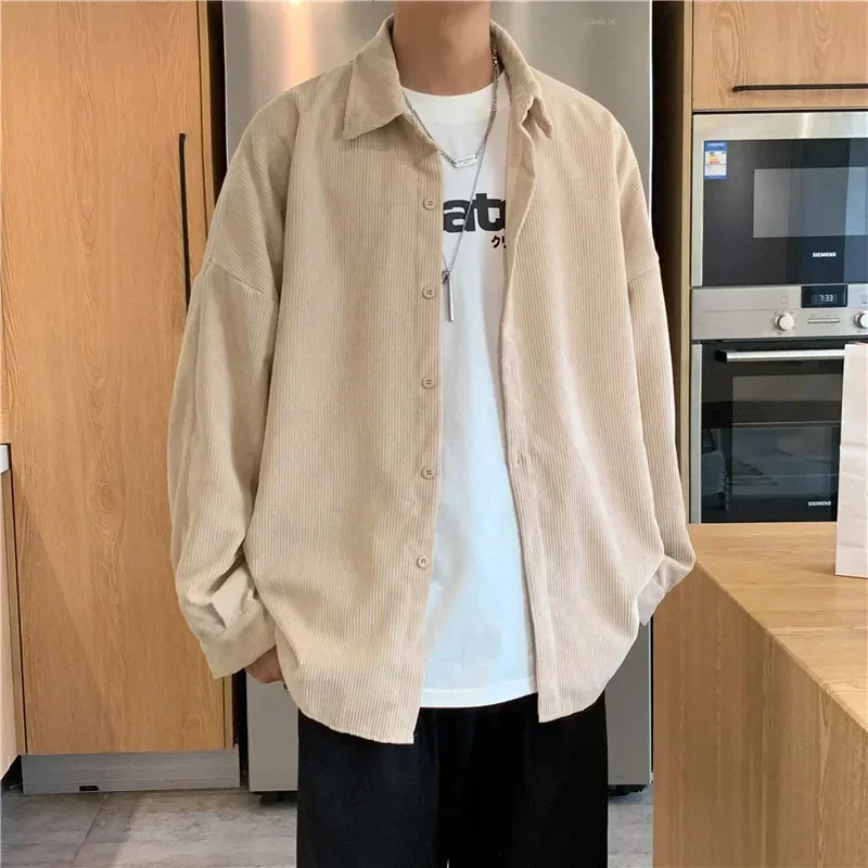 

Khaki Corduroy Men Shirts Fashion Korean Oversized Baggy Tops Spring Autumn Cardigan Long Sleeve Blouse Vintage Male Y2K Clothes