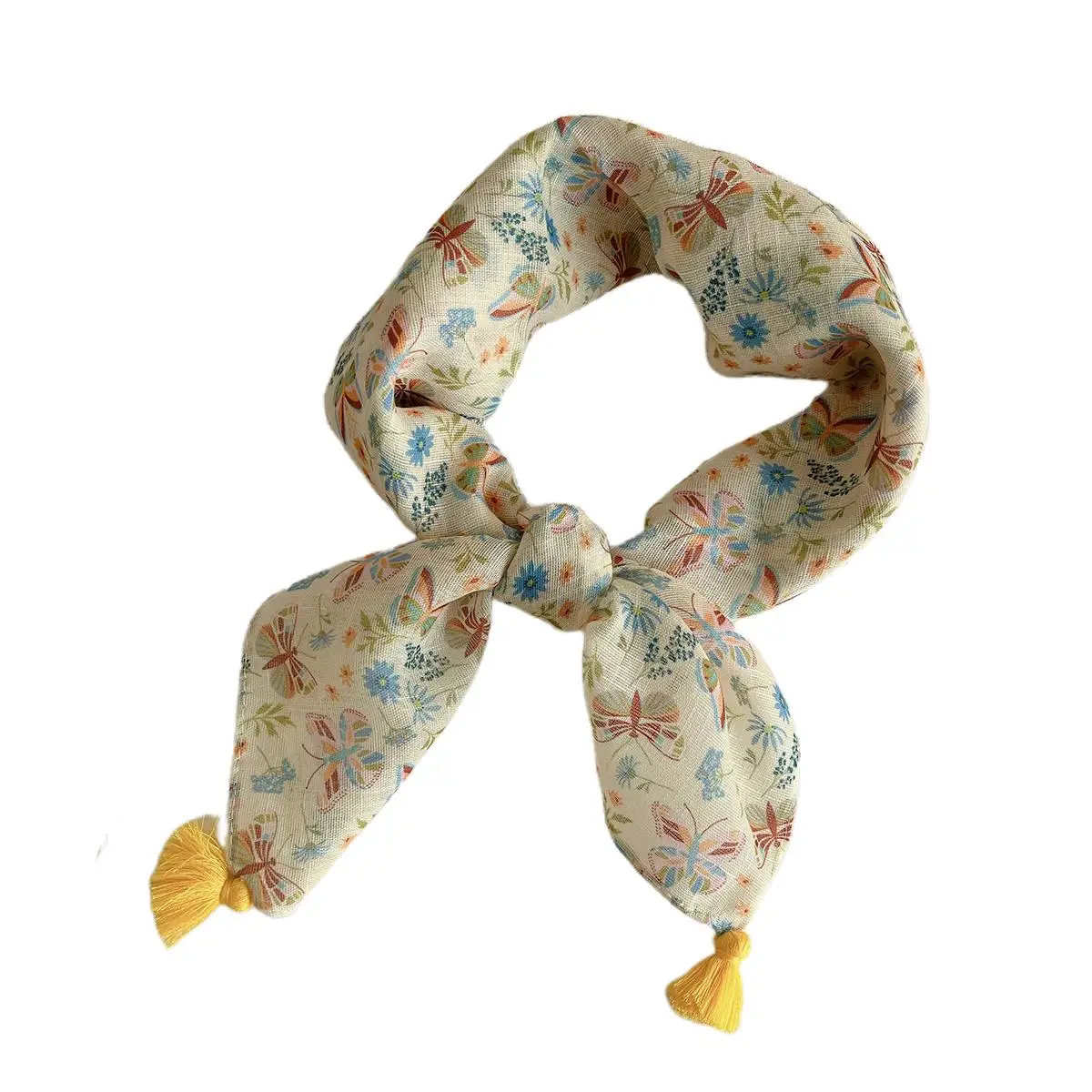 

Spring Autumn Thin Cotton Floral Tassel Small Square Scarf Versatile Ne Protection Silk Scarf Women's Ethnic Sle Faionable