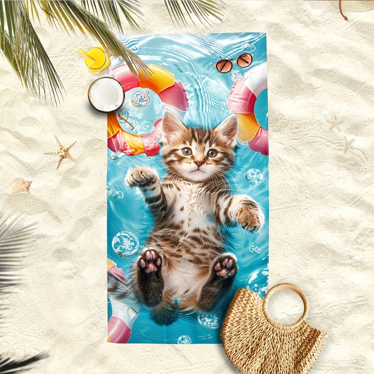 Microfiber Oversized Beach Towel Cat Swimming Ring Print Soft Machine Washable Animal Theme for Pool Bath Lounge Chair Adults