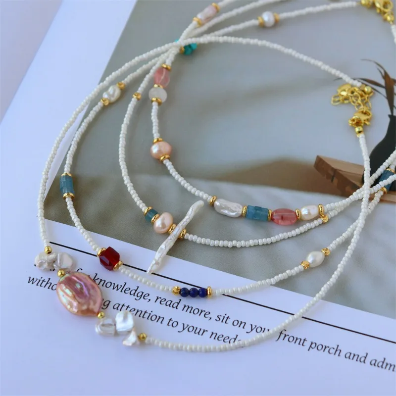 

Autumn Winter Banquet Medieval Style Rice Beads Strand Chain Colored Natural Stone Freshwater Pearl Handmade Beaded Necklace