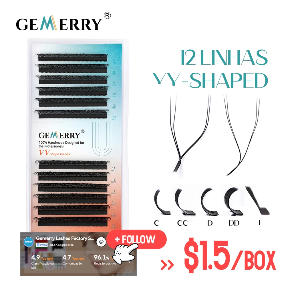 

GEMERRY YY Eyelashes Extensions L Curl Fox Eye Double Tips Premade Volume 2D Shape Fan YY Type Natural Matte Black Lash Supplies