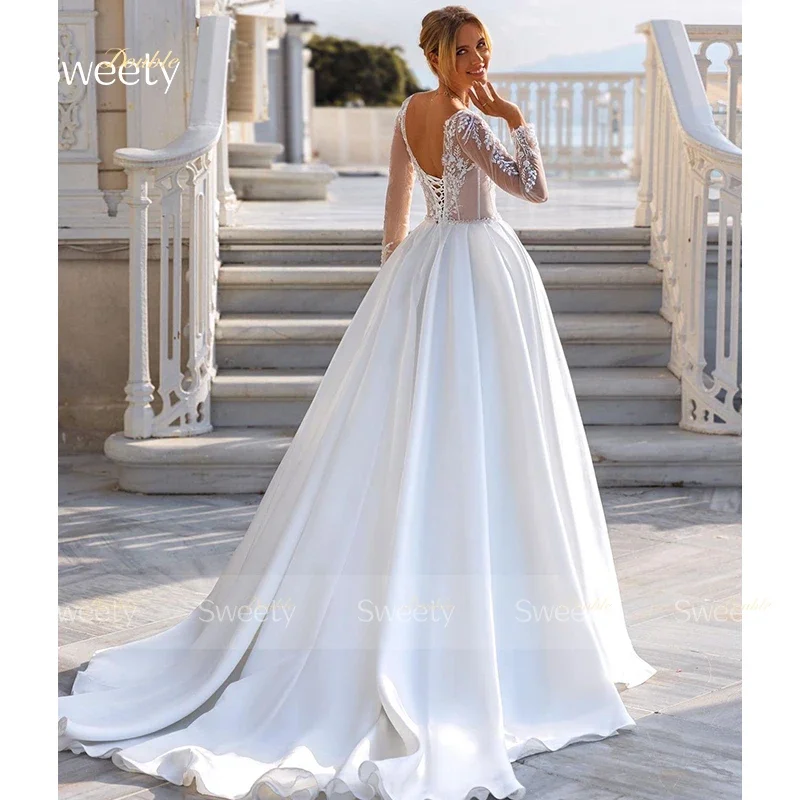 Elegant Square Collar Wedding Dress Soft Satin With Lace  Embroidery Ball Gown A-Line Full Sleeve Bride Dress Lace Up Appliques