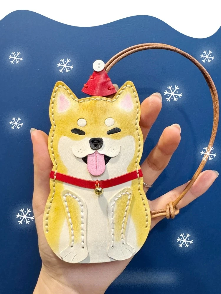 Handmade Genuine Leather Christmas Exchange Gift Christmas Key Bag Control Cowhide Hand Painted Key Bag Cute cartoon dog