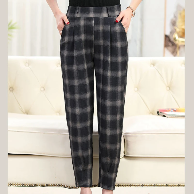 New Spring and Autumn Women\'s Style High Waist Elastic Loose Plaid Classic Harem Pants Fashion Casual Comfortable Trousers