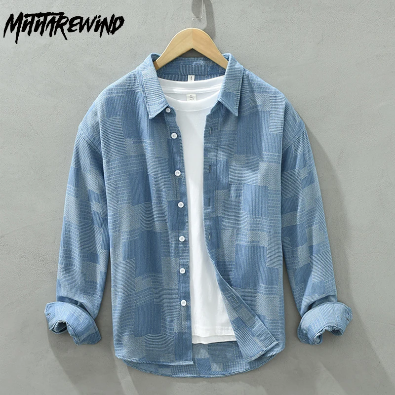 

Spring and Autumn Denim Shirt Men Fashion Streetwear Men Loose Shirt Patch Style Long Sleeve Jean Shirt Causal Literary Clothes