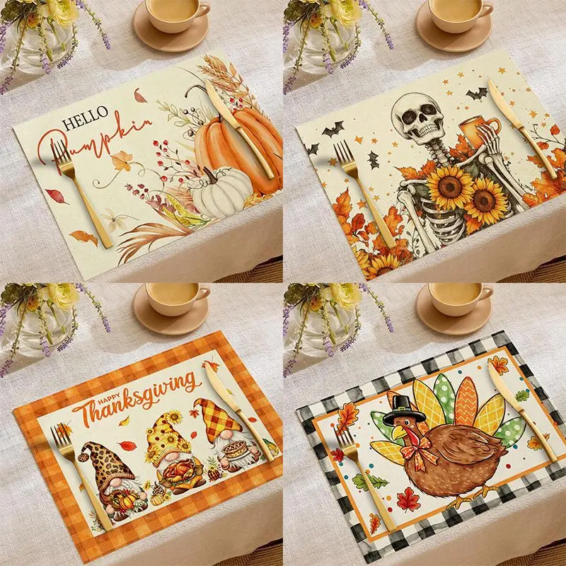 VIKAMA Autumn Harvest Thanksgiving Placemats Pumpkin Turkey Gnome Anti Slip Table Mat For Fall Holiday Party Dining Home Decor