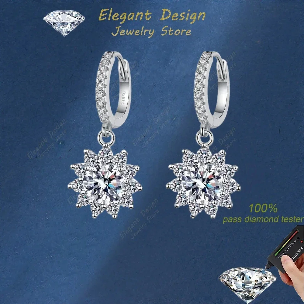 Elegant Design 1/2ct Shiny Moissanite Sunflower Drop Earring Women, Platinum PT950 Holiday Gift Fine Jewelry of Earring To Girl