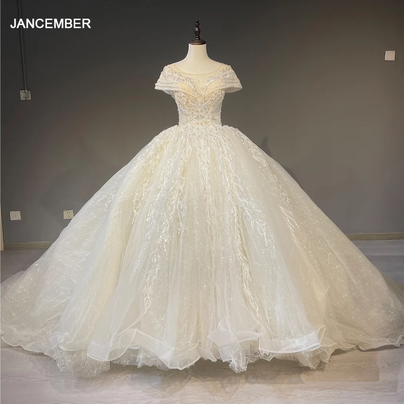 Jancember O-Neck Short Sleeves Ball Gown Court Train Lace Up Beading Wedding Dresses For Women 2023 Bride Vestido Noiva 1626