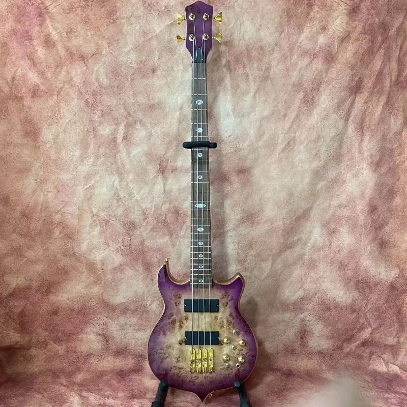 Custom 4 Strings Neck Through Body Burst Maple Wood Style Electric Bass in Purple Color