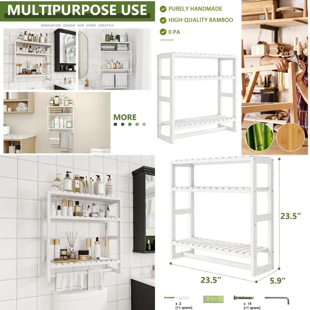 

Белая настенная трехъярусная бамбуковая угловая полка с вешалкой для полотенец и держателем туалетной бумаги для хранения в ванной комнате