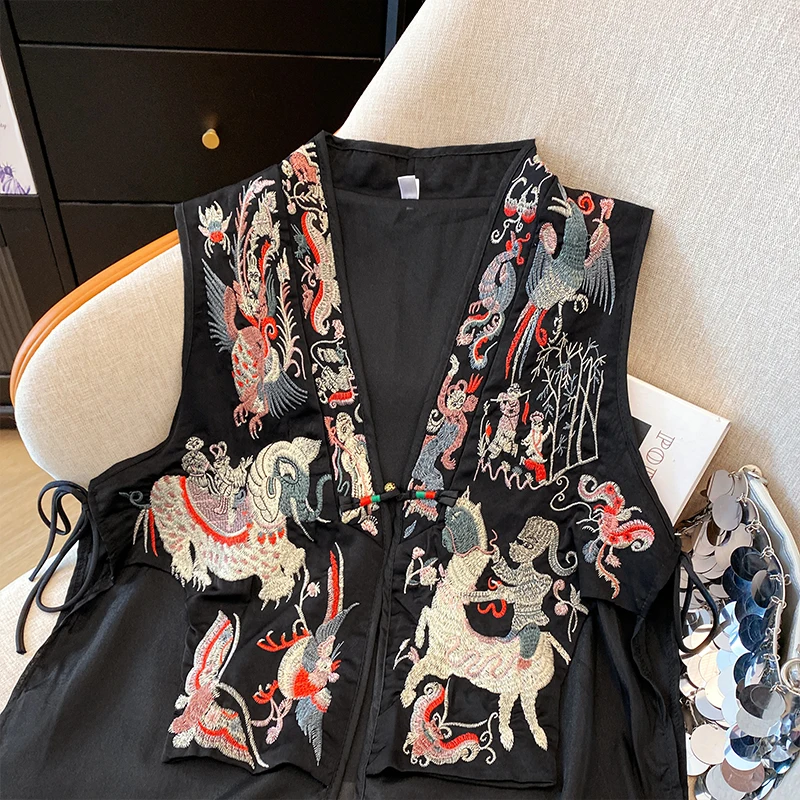 Vintage Chinese Stijl Vesten Jas Gestikt Mesh Geborduurde Gesp Tang Kostuum Jas Zomer Uniek Mouwloos Damesvest