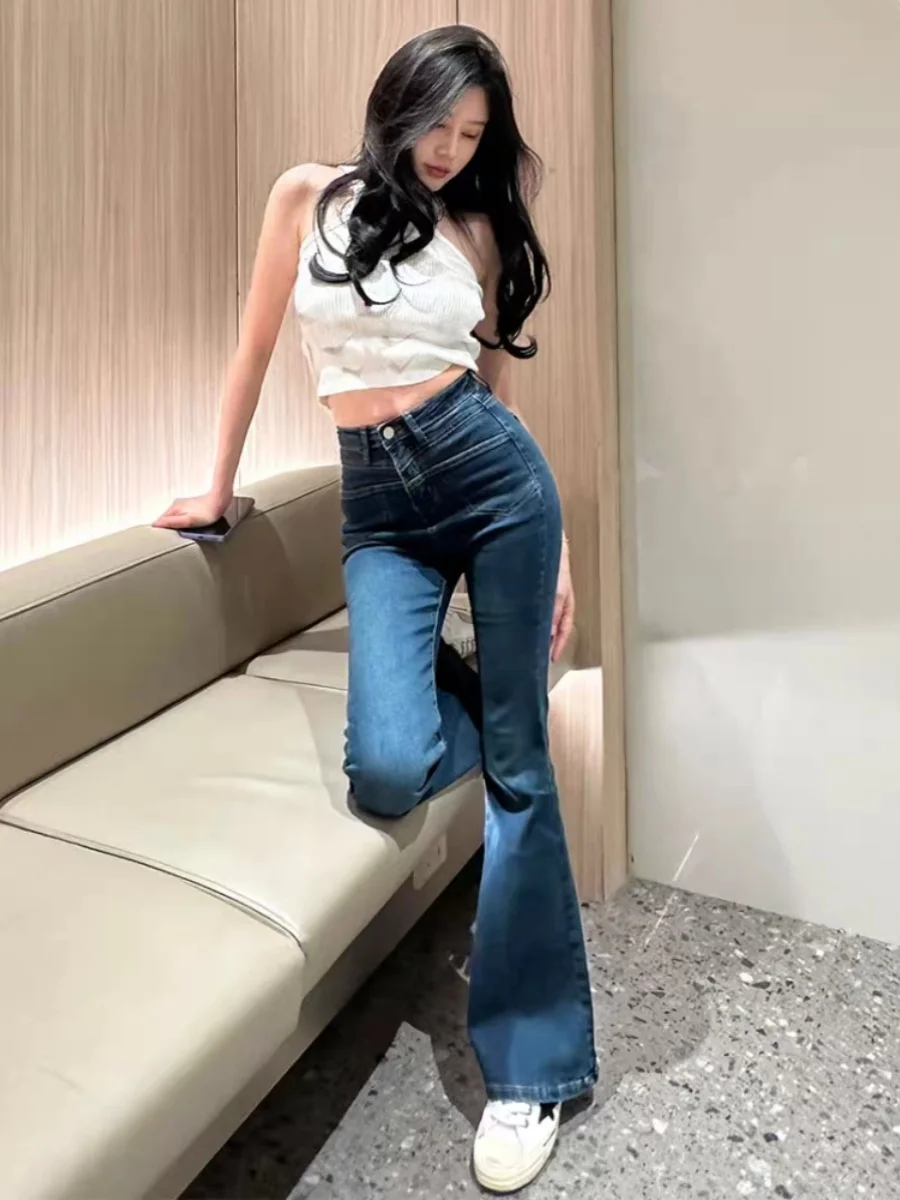 

High Waist Wide Leg Denim Jeans Women's Slim Fit Elastic Retro Sle Long Pants Korean Faion Bell Bot Trousers