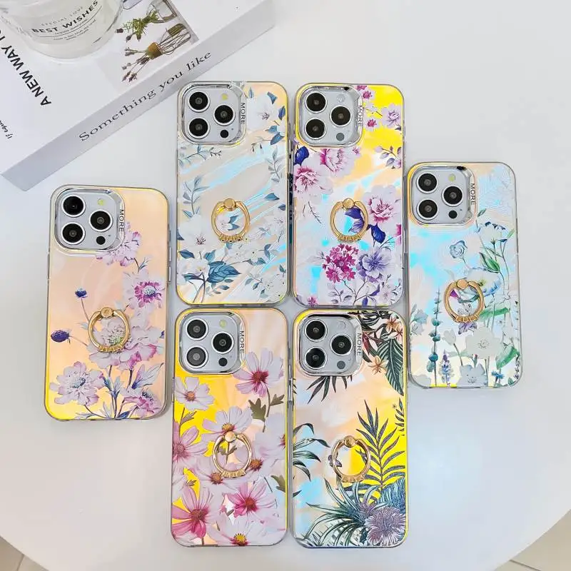 Laser Frosted IMD Electroplated Phone Case for iPhone 15 Pro Max 14 13 Flower Design Gradual Colors With Finger Ring Cover