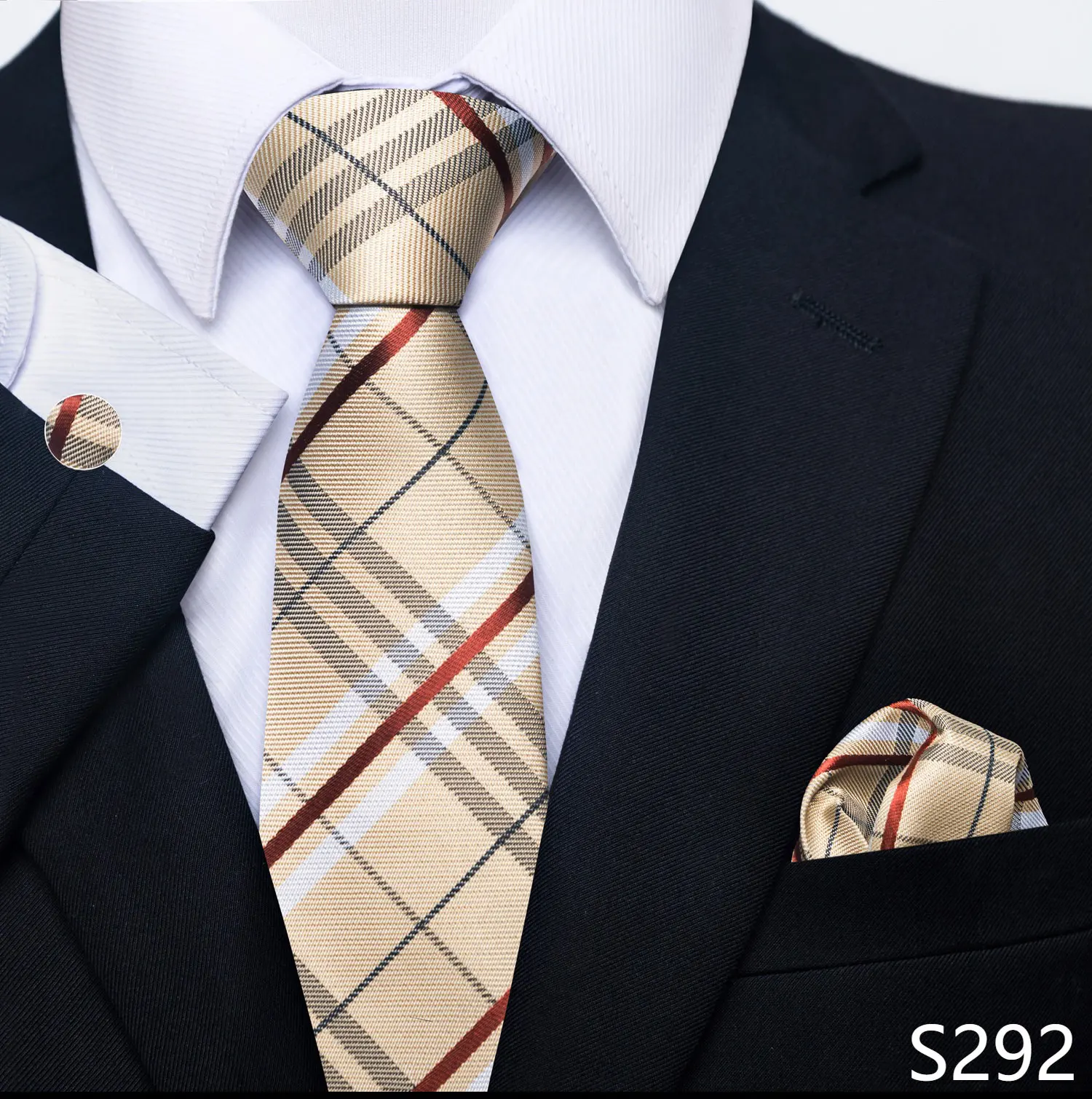 Marke Classic 8 cm graue karierte Krawatte Einstecktücher Manschettenknöpfe Set Hochzeitsgeschenk Krawatte Kleidung Accessoires Fit Business – Detail 17