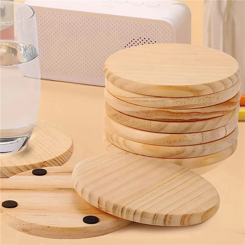 A74U 60Pcs Unfinished Wood Coasters, 4 Inch Round Blank Wooden Coasters For Crafts With Non-Slip Silicon Dots