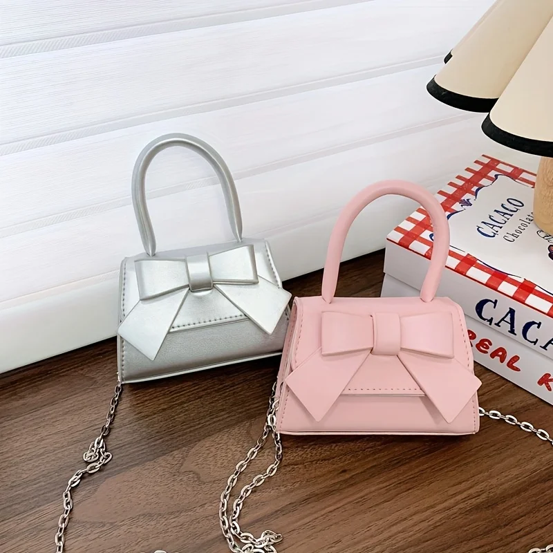 

Girl's Cute Bow Mini Shoulder Bags, Adjustable Shoulder Strap, Fashionable Solid Color and Stylish Leather Women's Handbag