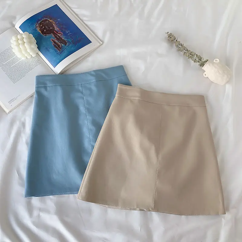 Solid Zipper Wrap Hip Leather Skirt Autumn Winter New Korean High Waist Mini Skirt Female Chic Sexy Club A-line Pu Skirts Women