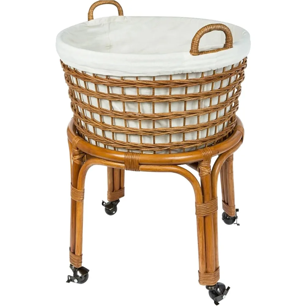 Rolling Wicker Laundry Basket, Handwoven Wicker Hamper with Removable Cotton Liner, Stand, & Locking Caster Wheels