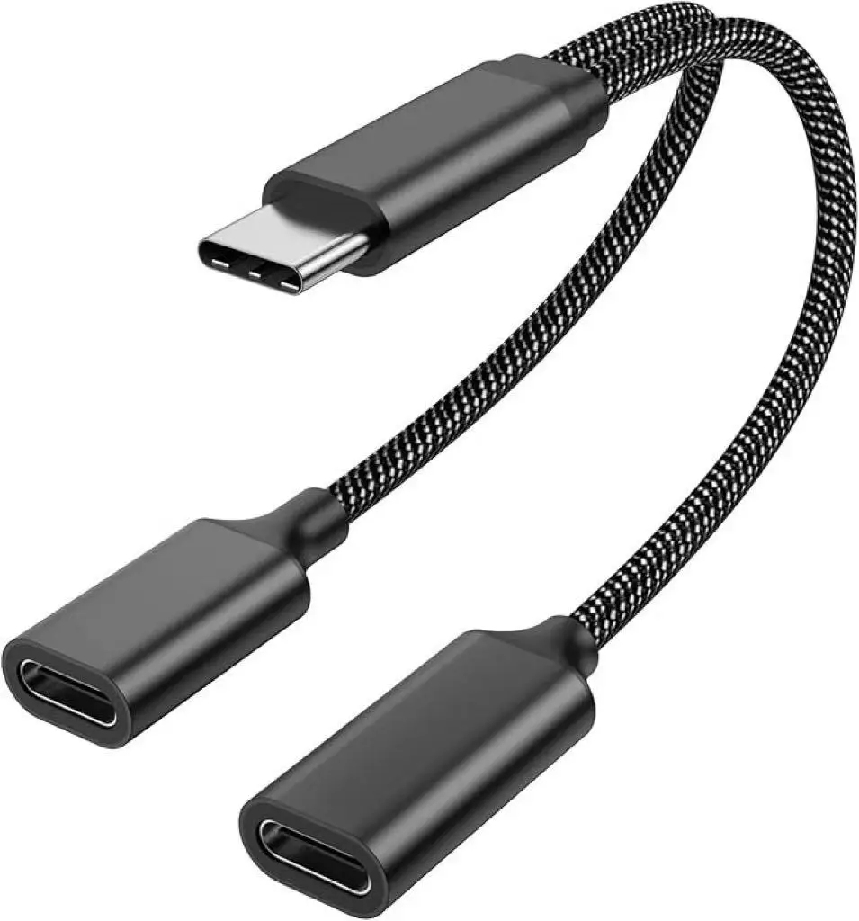 

2-in-1 USB-C male connector to dual USB-C female connectors, for charging when using headphones, SSD, DAC or controller