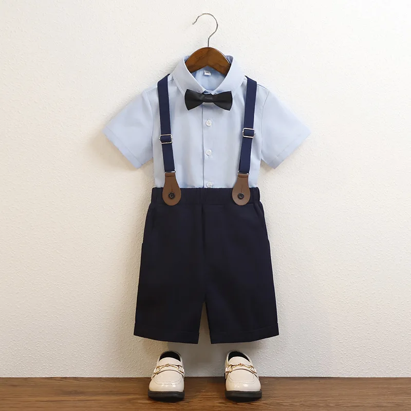 Boys Suit Short-sleeved Shirt Suspenders Shorts Two-piece Summer Children School Uniform Toddler Piano Chorus Performance Gown