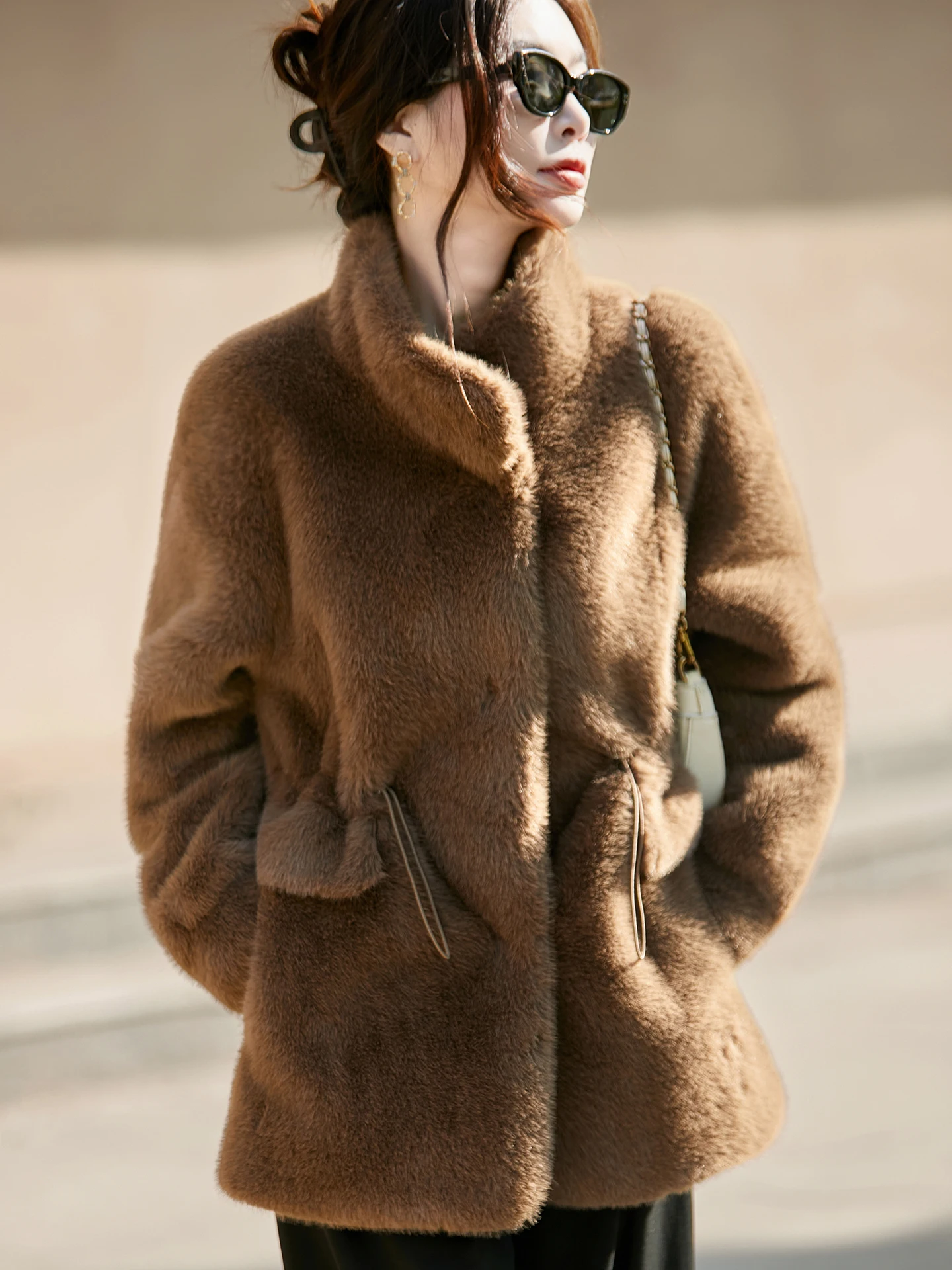 Women's Thickened Woolen Knitted Coat with Drawstring Loose Fit Collarless Mink Sweater Outerwear Casual Style Mid-Length