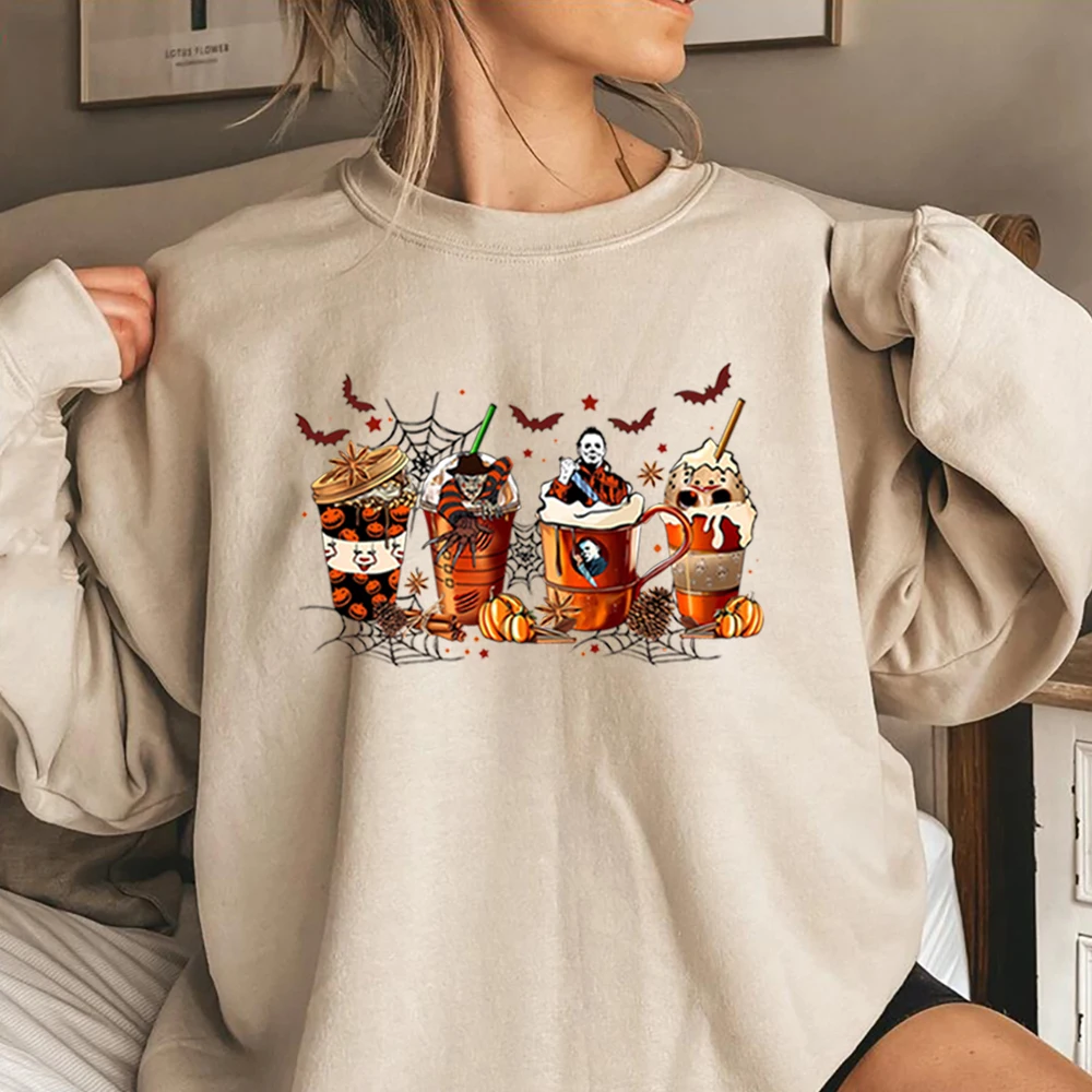 

Skeleton Coffee Cups Sweatshirt Halloween Horror Coffee Hoodie Horror Movie Inspired Sweater Halloween Crewneck Sweatshirts