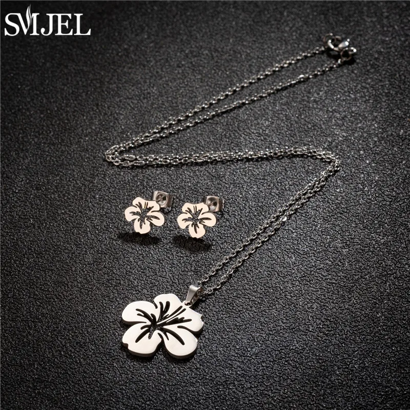 SMJEL Stainless Steel Lily Flower Necklace Women Girls Golden Jewelry Sets Trendy Datura Cherry Blossom Earrings Wedding Gift