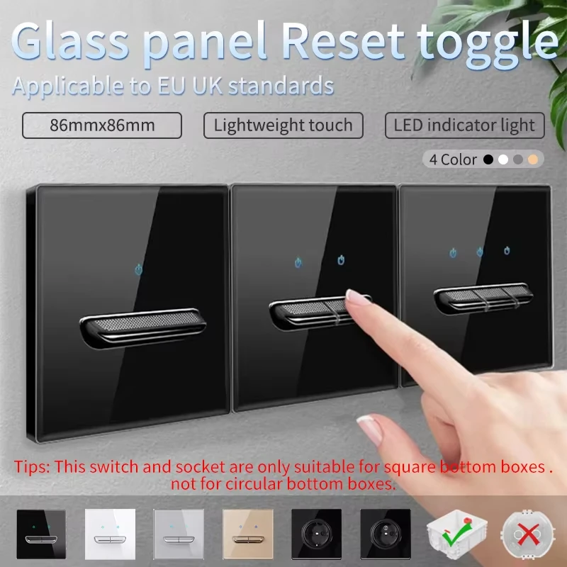ELEGAN Panel Sakelar Dinding Kaca Tempered Hitam Soket Led Sakelar Lampu Toggle Retro Soket 2usb Standar Inggris 1/2/3Gang Steker Pintar