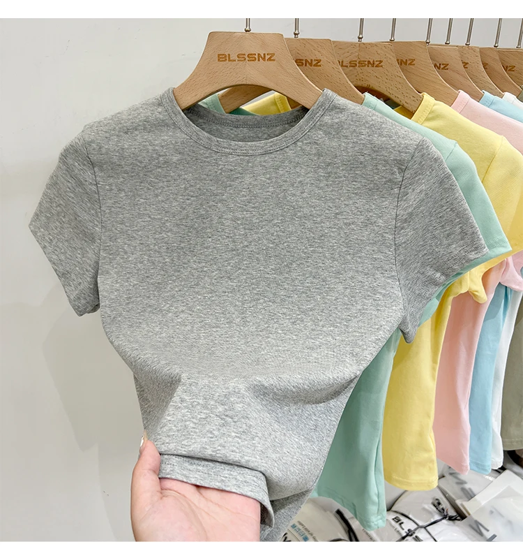 Zjaiss 2026 Sommer Neues Design Slim Fit Basic Top Trendiges Damen Baumwoll-Kurzarm-T-Shirt Einfarbig Vielseitiges O-Neck Tee – Detail 37