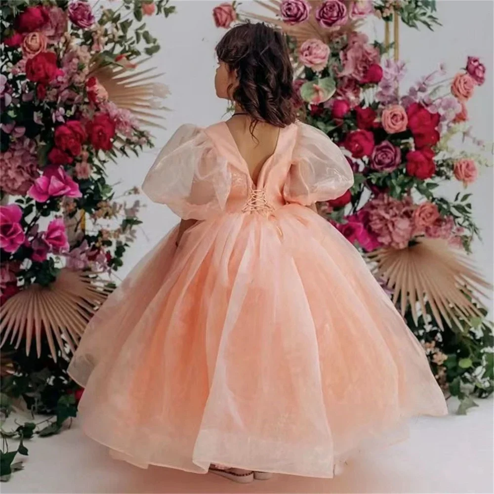 Flower Girls Dresses Cute Pink Puffy Puff Sleeves For Wedding Princess O-neck Ball Gown Kid First Communion Birthday Party Dress