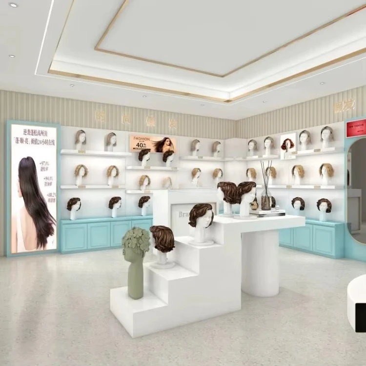 * Hair Salon Interior Design Wig Shop Hair Extension Display Rack Mannequin Head Display Shelf