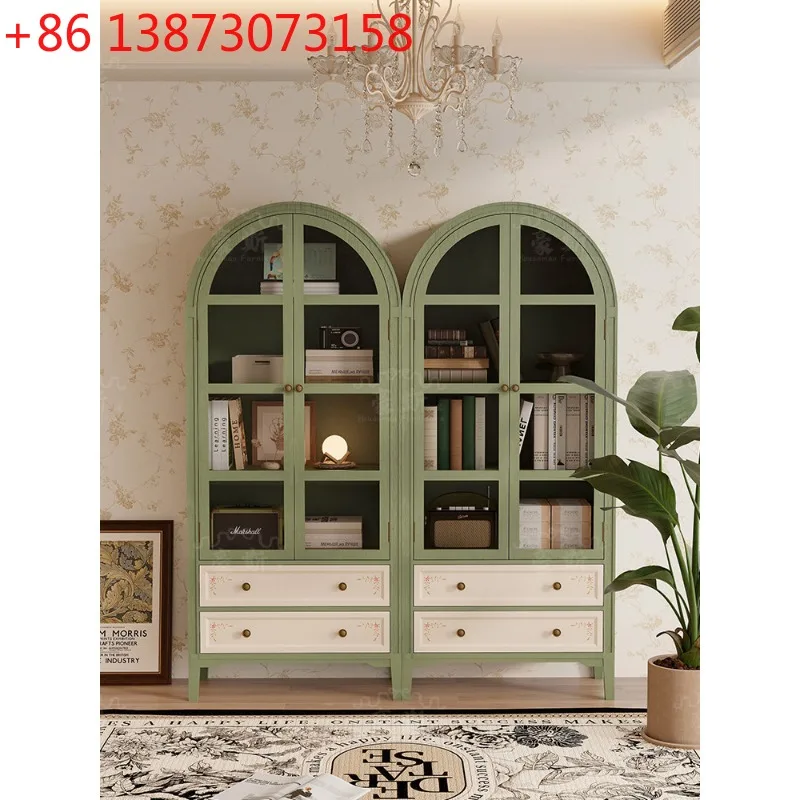 American solid wood bookcase retro painted dust-proof glass door arched high cabinet combination floor-to-ceiling household gree