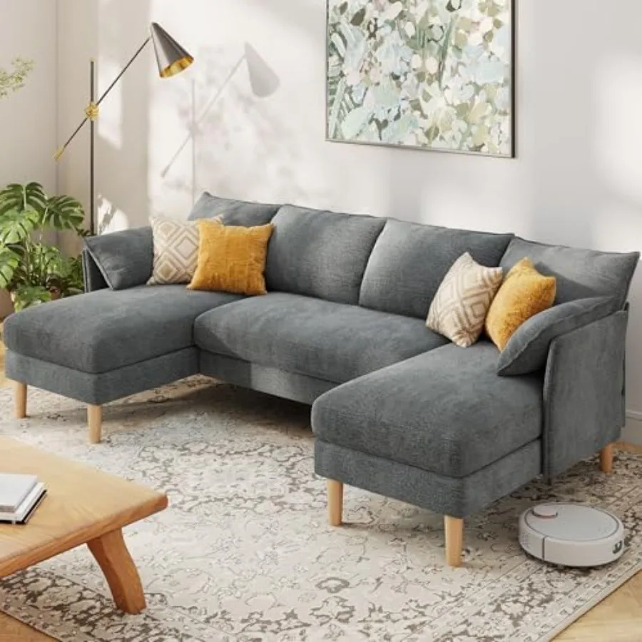 100" U-Shaped Sectional Couch for Living Room, 22.5" Deep Seat Comfortable Sectional Couches, Chenille Fabric Lounge Chaise