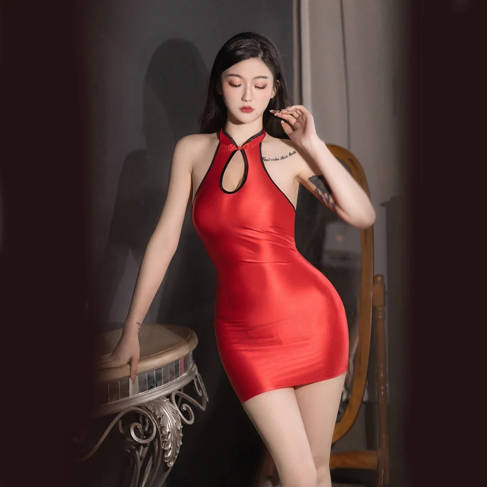 

Sexy Women Stain Halter Micro Mini Dress Oil Glossy Shiny Elastic Tight Wrap Hip Babydoll Cute Package Hip Maid Dress