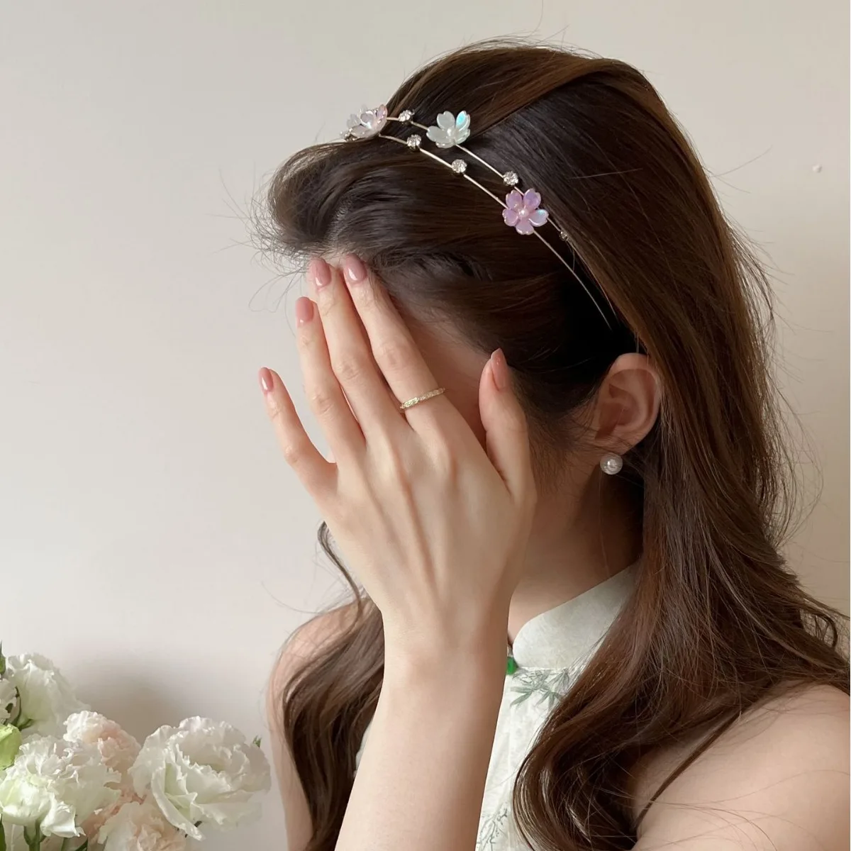 

Metal Pearl Flower Rhinestone Headband For Women Vintage Elegant Hair Band Winter Daily Non Slip Soft