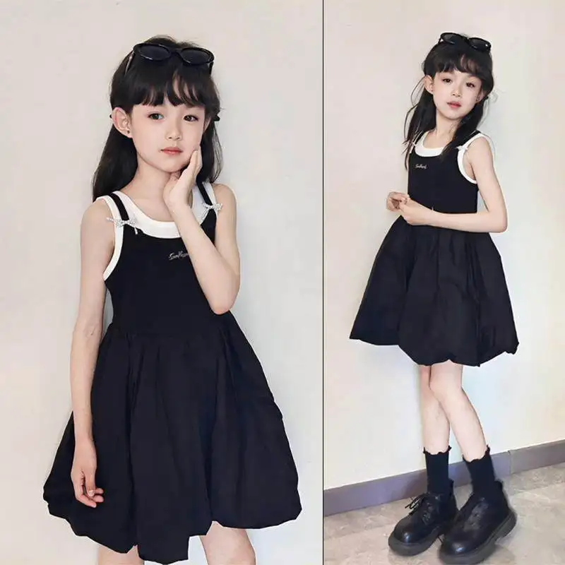 Kinder-Sommerkleid 2025 Neu: Mädchen Schwarzes Kleid, Prinzessinnen-Blumenrock