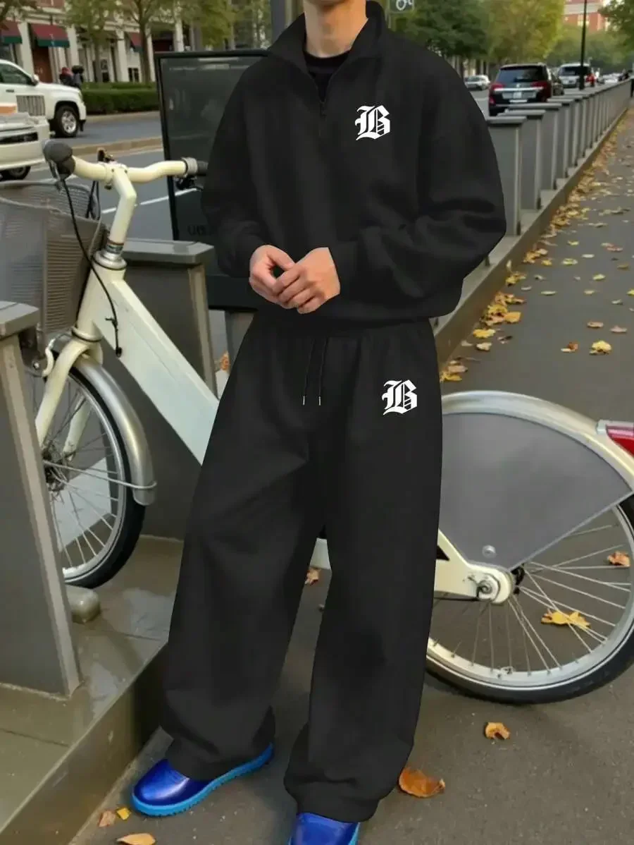 

Mens Zipper Stand Collar Sweatshirt And Elastic Drawstring Waist Wide Leg Sweatpants Two-Piece Set Casual Daily Wear