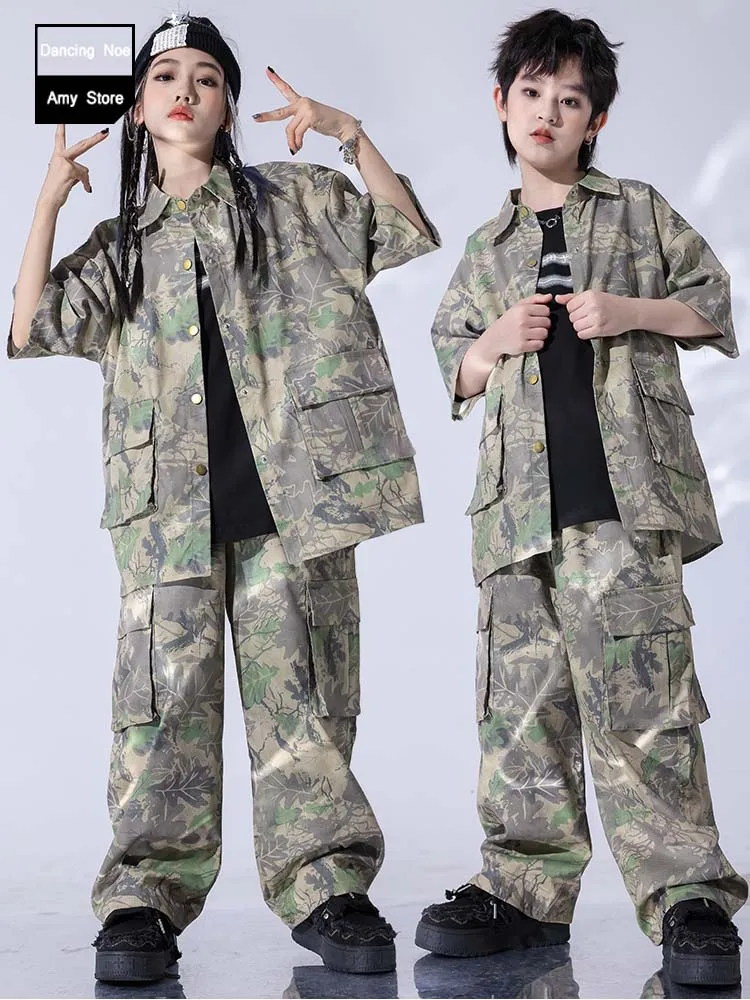 Summer Hip Hop Jazz Dance Costumes Kids Camouflage Shirt Cargo Pants Boys Girls Kpop Stage Show Clothes Street Dance Wear AMY514