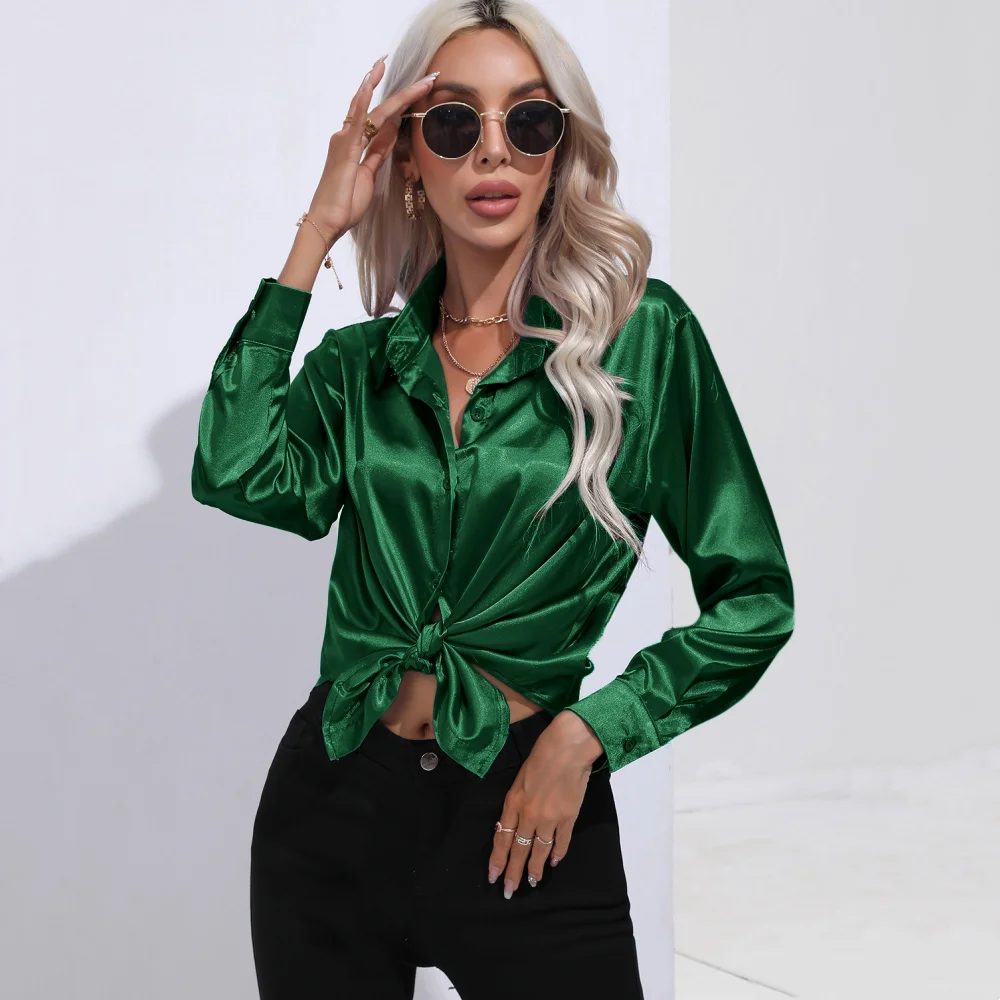 

Elegant Women's Satin Silk Long Sleeve OL Green White Shirt Spring Summer Solid Office Lady Lapel Button Blouse Women Clothing