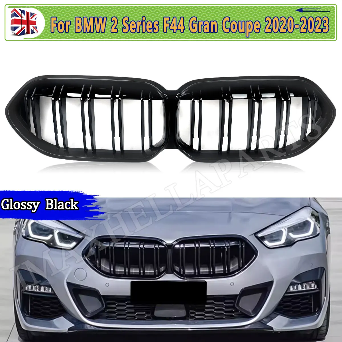 

FRONT KIDNEY GRILL Replace FOR BMW 2 SERIES F44 218i 220i 218d GRAN COUPE 2020 2021 2022 2023 GLOSS BLACK DOUBLE SLAT Grille