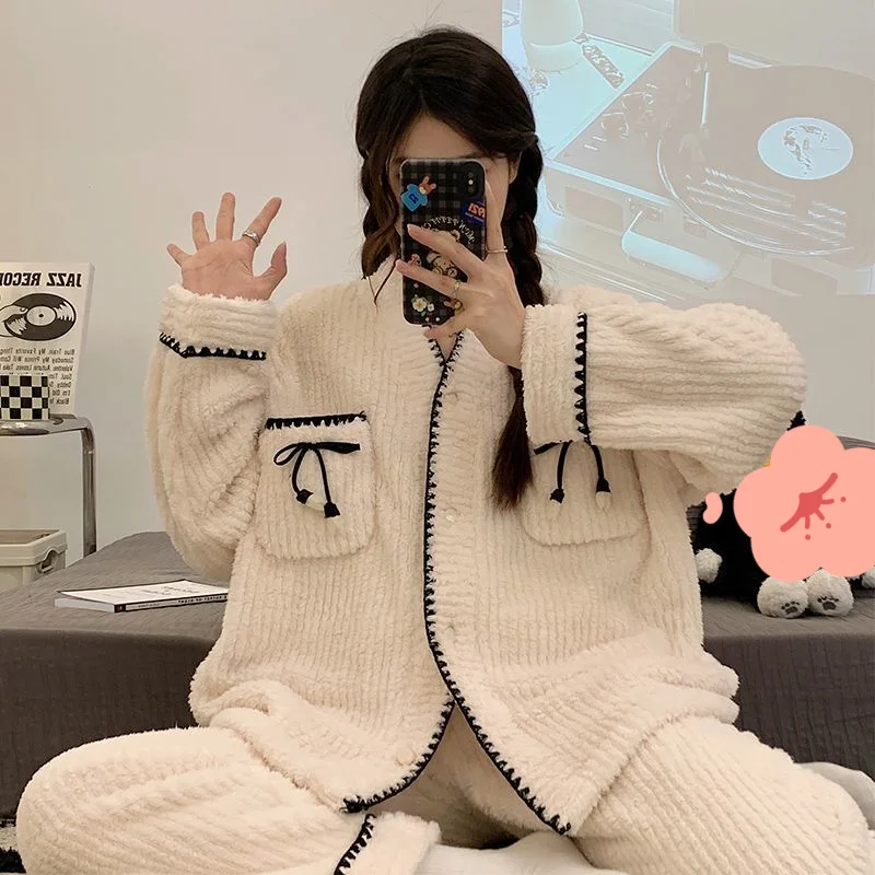 

Женские пижамы из кораллового флиса в японском стиле, милая осенне-зимняя одежда для сна, минималистичный утепленный пижамный комплект на флисовой подкладке, домашняя одежда