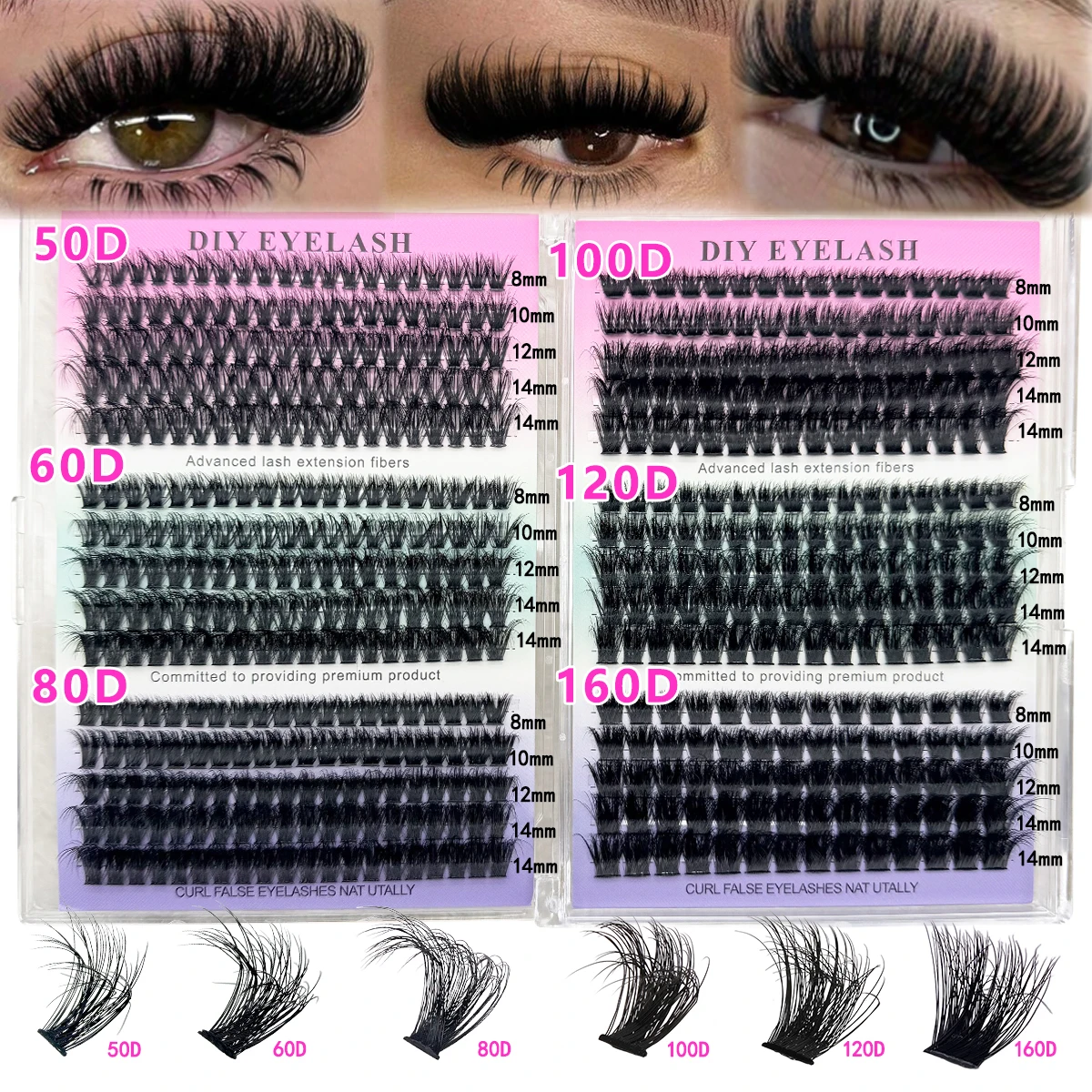 50D-16D 5D Flauschige DIY Cluster-Wimpern 8-14mm Gemischte Wimpernverlängerung 0,07mm Russische Curl-Wimpern, dick und wiederverwendbar, dramatische Wimpern